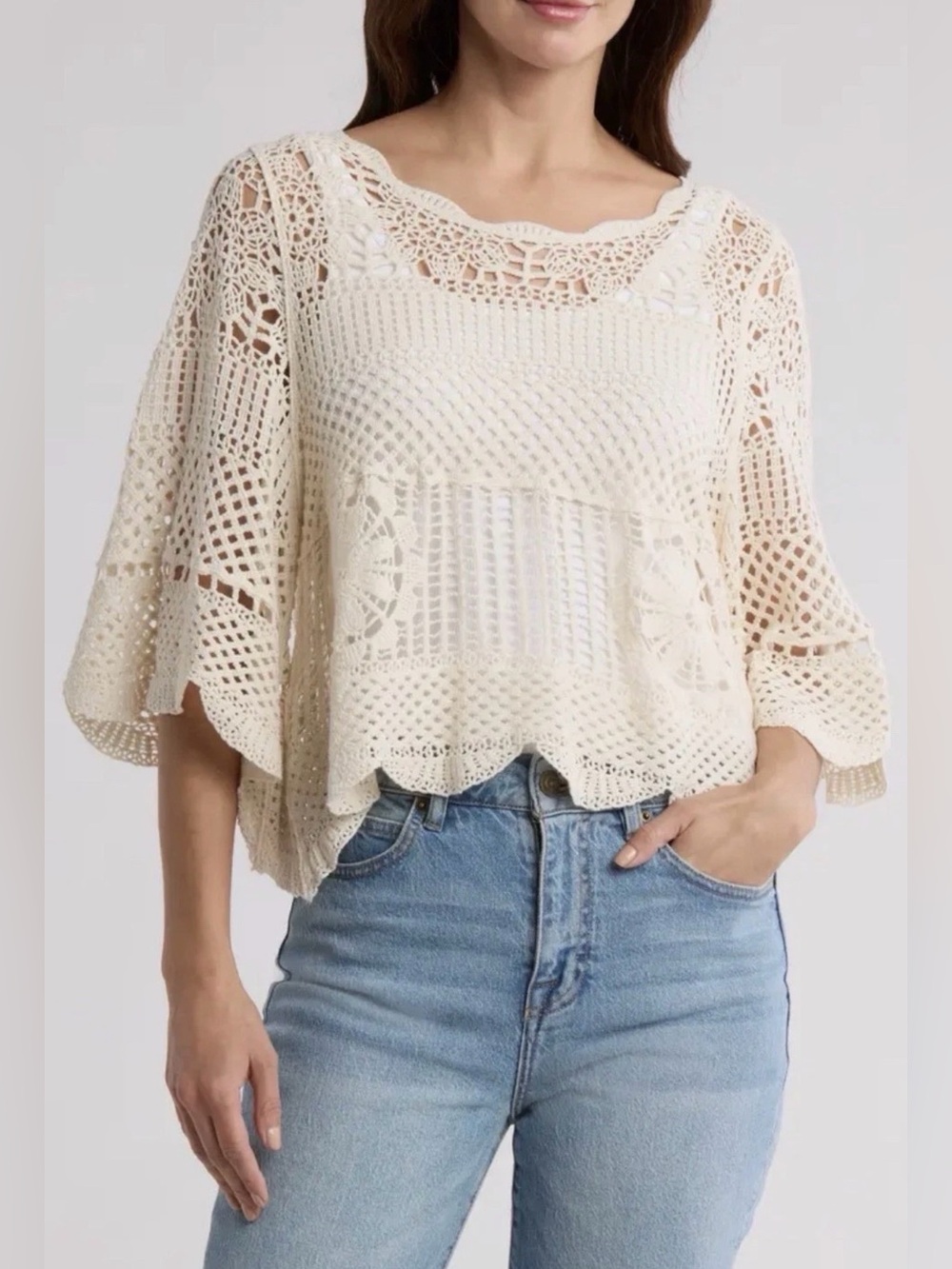 POL Boho Crochet Top Bell Sleeve Festival Cottagecore Cover-up Cream One Size